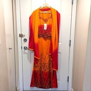 NWT Orange Red Ombre Three Piece Lehenga - SEE SIZE NOTES